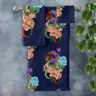 Dragon Chinois Vert Mystique Floral Bleu Marine