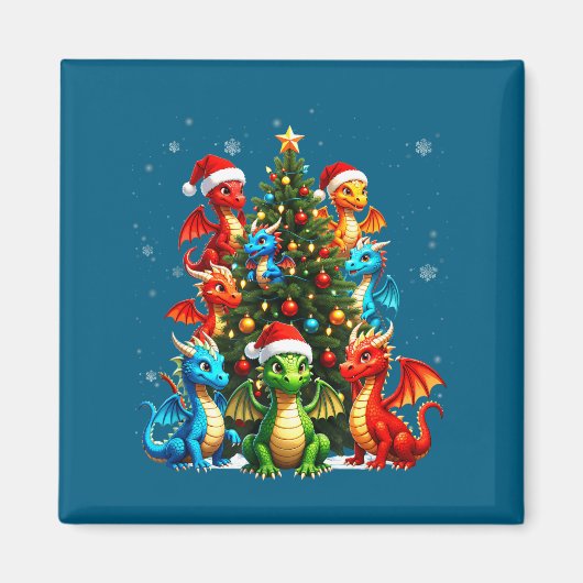 Dragon Christmas Tree Squad Santa Hat Fantasy Myth Magneet (Voorkant)