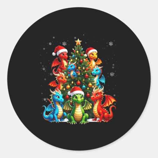 Dragon Christmas Tree Squad Santa Hat Fantasy Myth Ronde Sticker (Voorkant)