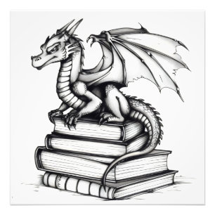 Dragon en Books Line Art Foto Afdruk