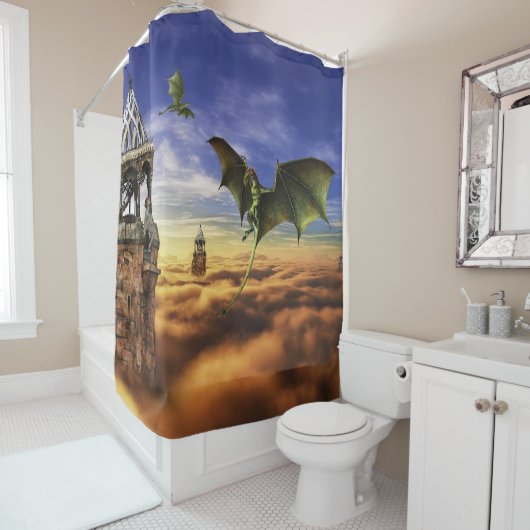 Dragon en Elf Fairy Sky Fantasy Landschap Douchegordijn (In situ)
