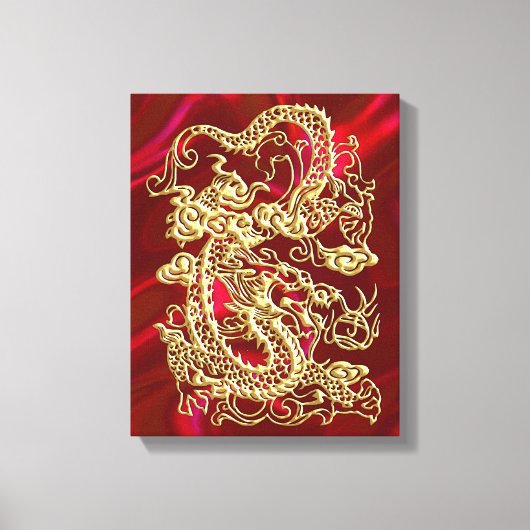 Dragon en or embouti sur impression de satin rouge (Recto)