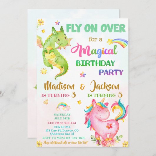 Dragon en unicorn verjaardagsuitnodiging kaart (Voorkant / Achterkant)