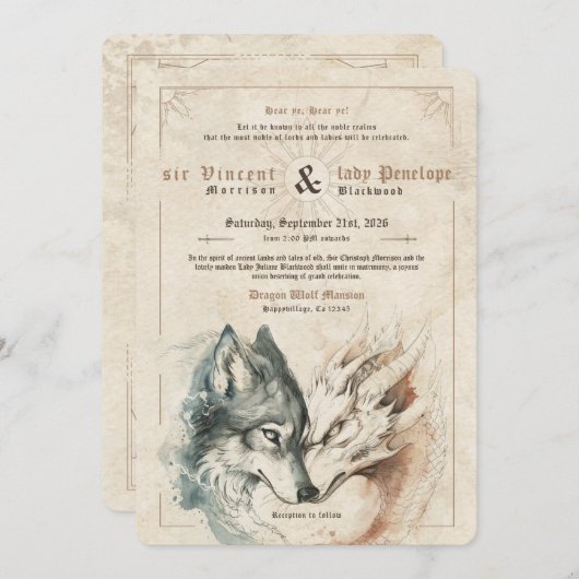 Dragon en Wolf bruiloft uitnodiging (Voorkant / Achterkant)