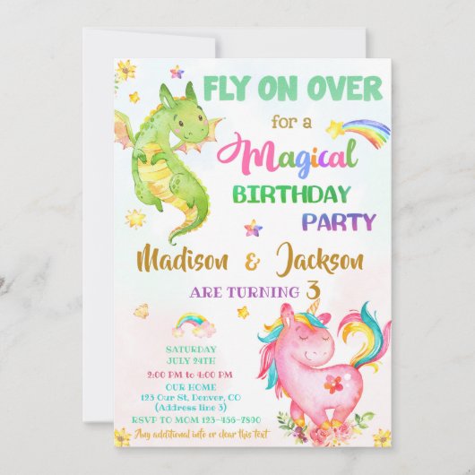 Dragon et licorne invitation anniversaire garçon & (Devant)
