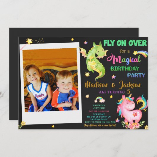 Dragon et licorne invitation anniversaire garçon & (Devant / Derrière)
