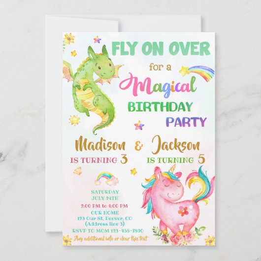 Dragon et licorne invitation anniversaire garçon & (Devant)