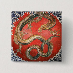 Dragon, Hokusai Japans Kunstwerk Vierkante Button 5,1 Cm