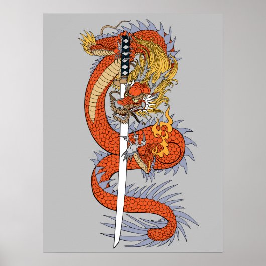Dragon japonais avec affiche d'épée katana (Devant)