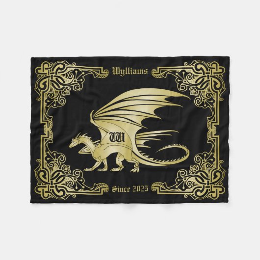 Dragon Monogram Gold Lijst Traditioneel Hoesje boe Fleece Deken (Voorkant (Horizontaal))