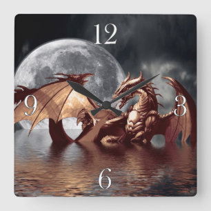 Dragon & Moon Fantasy Wall Clock Vierkante Klok