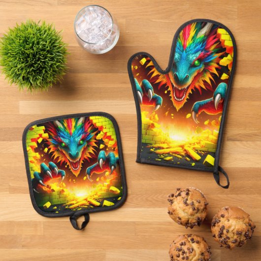 Dragon Oven Mitt en Pothouders Ovenwant & Pannenlap Set (Top down)