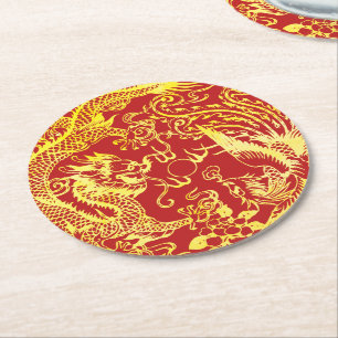 Dragon Phoenix Chinese bruiloft logo Ronde Kartonnen Onderzetter