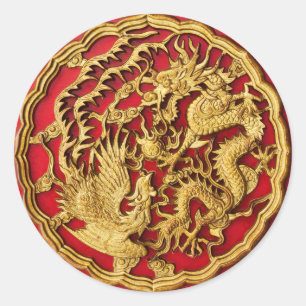 Dragon Phoenix rood goud Chinese bruiloft gunst Ronde Sticker
