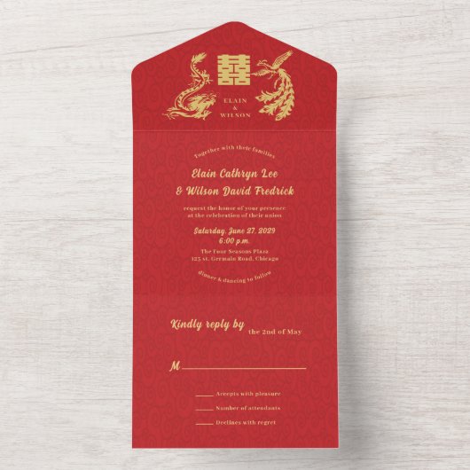 ©Dragon-Phoenix Rood Gouden Chinese Trouwdag All In One Uitnodiging (Binnen)