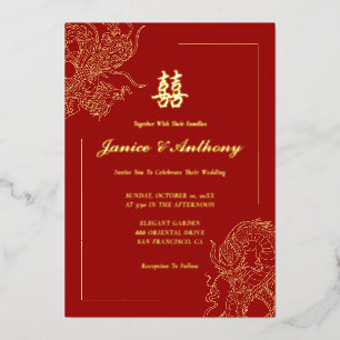 Dragon Phoenix Traditionele Rode Chinese bruiloft Folie Uitnodiging