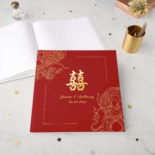 Dragon Phoenix traditionnel Mariage chinois rouge  (Recto ouvert)