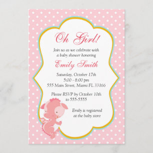 Dragon Pink Polka Dots Baby Girl Shower Invite Kaart