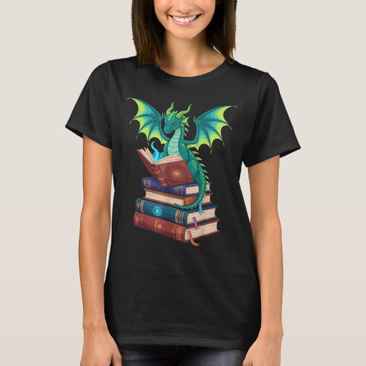 Dragon Reading Books Fantasy Lovers Mythical Creat T-shirt (Voorkant)