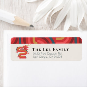 Dragon Red Geometrisch Chinees Nieuwjaar Etiket