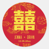 Dragon Style Double Happiness Symbool Rood+Goud Ronde Sticker (Voorkant)