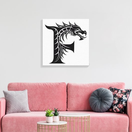 Dragon Styled Letter F, Dragon Alphabet, Monogram Canvas Afdruk (Insitu (Woonkamer))