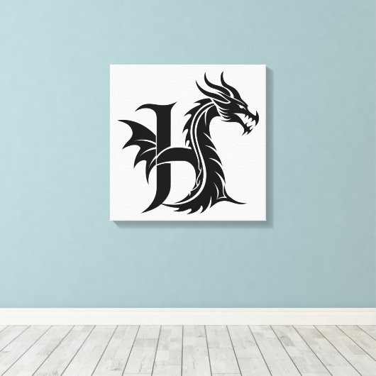 Dragon Styled Letter H, Dragon Alphabet, Monogram Canvas Afdruk (Insitu (Houten vloer))