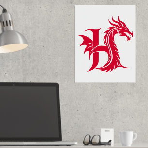 Dragon Styled Letter H, Dragon Alphabet, Monogram Folie Afdrukken