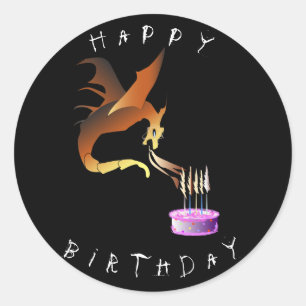 Dragon verlicht verjaardagskaarsen op roze cake ronde sticker