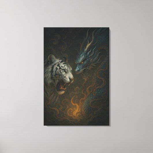 Dragon vs White Tiger – Mystical Fantasy Wall Art Canvas Afdruk (Voorkant)