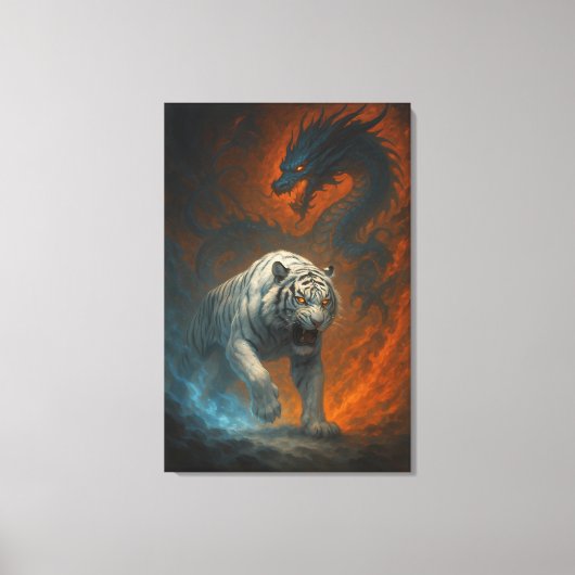 Dragon vs White Tiger – Mystical Fantasy Wall Art Canvas Afdruk (Voorkant)
