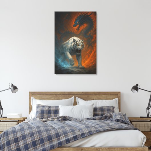 Dragon vs White Tiger – Mystical Fantasy Wall Art Canvas Afdruk (Insitu (Slaapkamer))