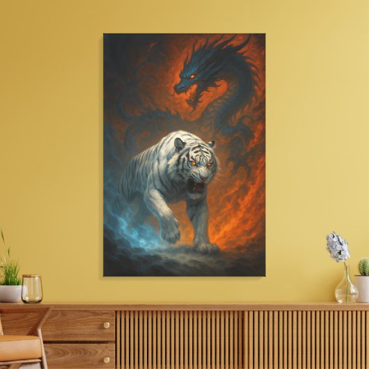 Dragon vs White Tiger – Mystical Fantasy Wall Art Canvas Afdruk (Insitu (Woonkamer))