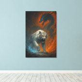 Dragon vs White Tiger – Mystical Fantasy Wall Art Canvas Afdruk (Insitu (Houten vloer))