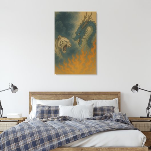 Dragon vs White Tiger – Mystical Fantasy Wall Art Canvas Afdruk (Insitu (Slaapkamer))