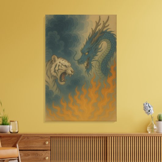 Dragon vs White Tiger – Mystical Fantasy Wall Art Canvas Afdruk (Insitu (Woonkamer))