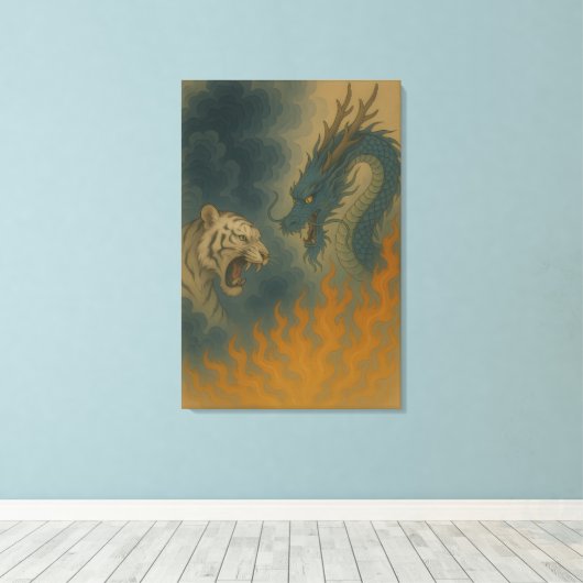 Dragon vs White Tiger – Mystical Fantasy Wall Art Canvas Afdruk (Insitu (Houten vloer))