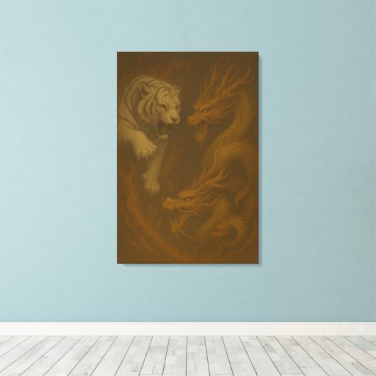 Dragon vs White Tiger – Mystical Fantasy Wall Art  Canvas Afdruk (Insitu (Houten vloer))