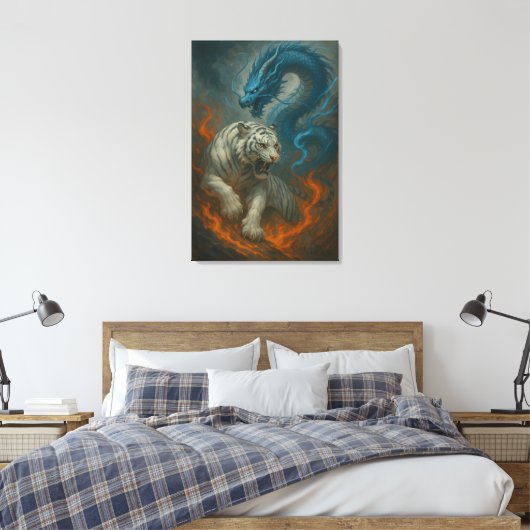 Dragon vs White Tiger – Mystical Fantasy Wall Art Canvas Afdruk (Insitu (Slaapkamer))