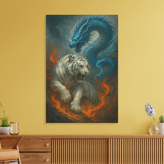 Dragon vs White Tiger – Mystical Fantasy Wall Art Canvas Afdruk (Insitu (Woonkamer))