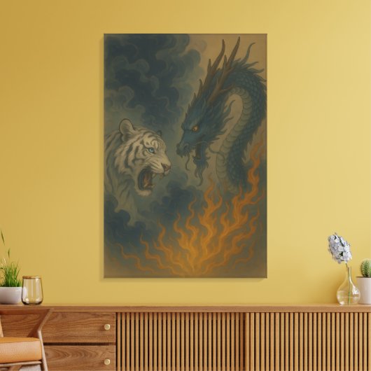 Dragon vs White Tiger – Mystical Fantasy Wall Art  Canvas Afdruk (Insitu (Woonkamer))