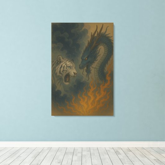 Dragon vs White Tiger – Mystical Fantasy Wall Art  Canvas Afdruk (Insitu (Houten vloer))