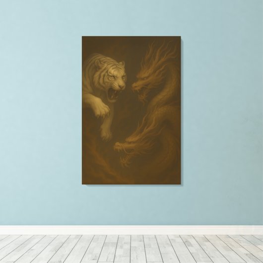Dragon vs White Tiger – Mystical Fantasy Wall Art Canvas Afdruk (Insitu (Houten vloer))