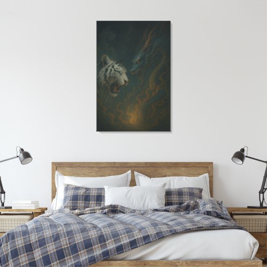 Dragon vs White Tiger – Mystical Fantasy Wall Art Canvas Afdruk (Insitu (Slaapkamer))