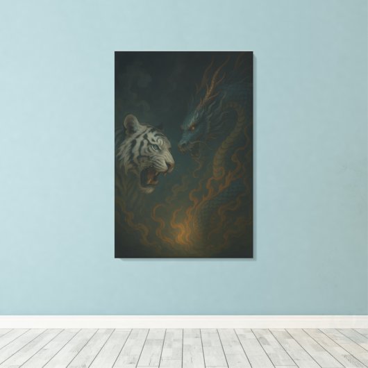 Dragon vs White Tiger – Mystical Fantasy Wall Art Canvas Afdruk (Insitu (Houten vloer))