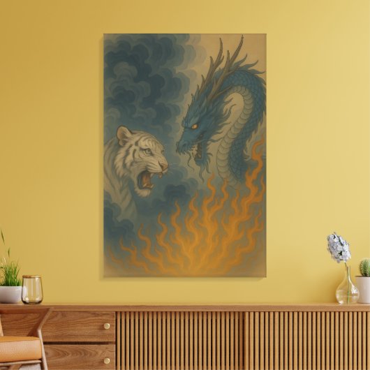 Dragon vs White Tiger – Mystical Fantasy Wall Art Canvas Afdruk (Insitu (Woonkamer))