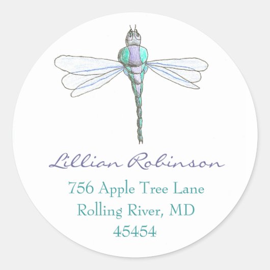 Dragonfly adreslabel ronde sticker (Voorkant)