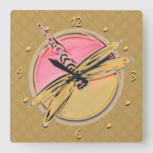Dragonfly Art in roze en goud Vierkante Klok