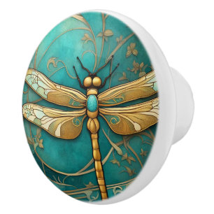Dragonfly Art Nouveau Art Deco Blauwgroen & Gouden Keramische Knop