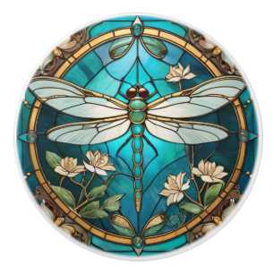 Dragonfly Art Nouveau Deco Aqua Blue Glas in lood Keramische Knop